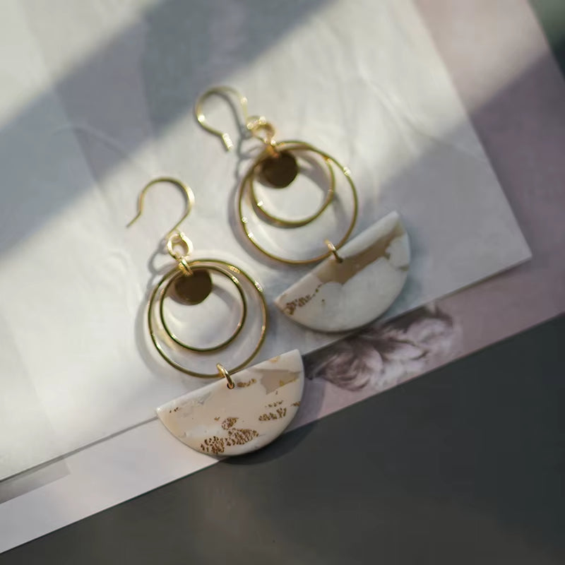 Translucent Milky Mable Elegant Trendy Brass Dangle Geometry Vintage Antique Polymer Clay Handmade Earring Sets Gifts Jewelry