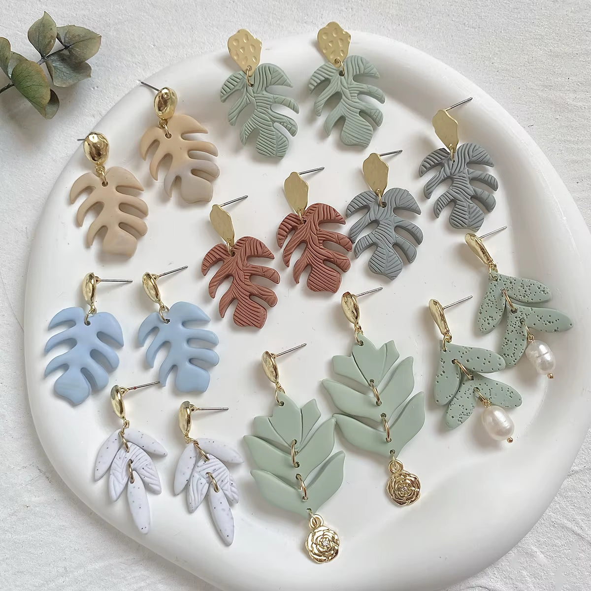 Handmade Textured Leaf Polymer Clay Earrings for Women Multicolor Molded Heart Floral Pearl Drop Earrings Jewelry 2022