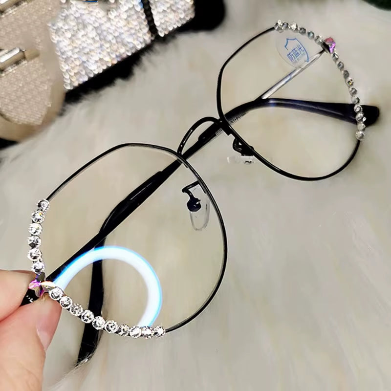 2024 Fashion Rhinestone Anti-Blue Light Glasses Women Men Retro Oversized Frame Female Computer Goggles Decorative Glasses