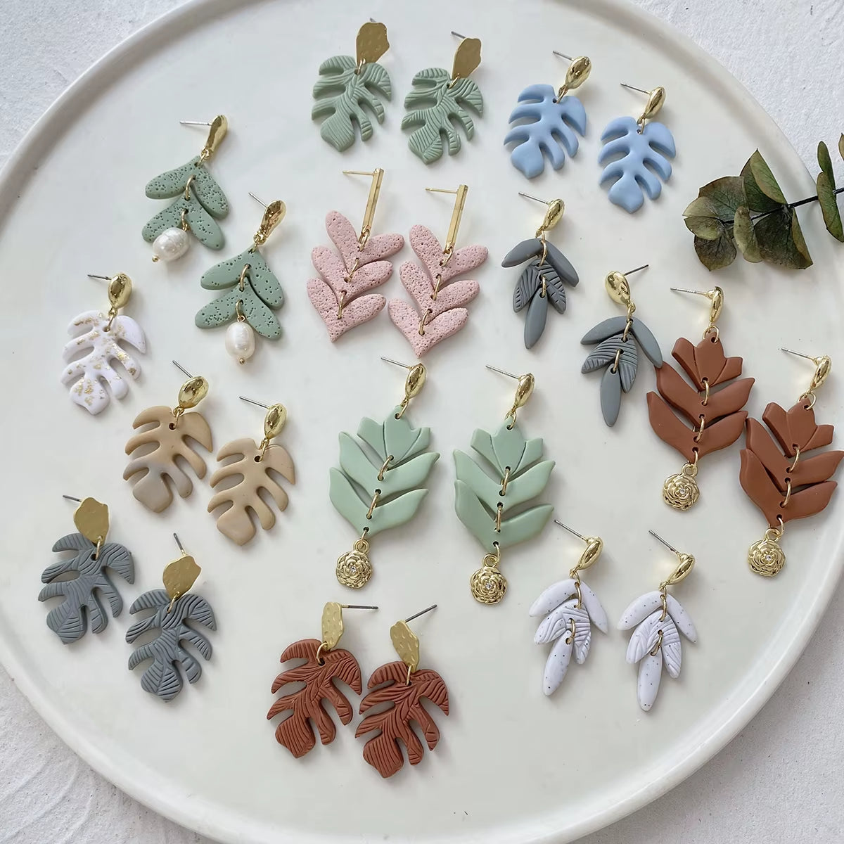 Handmade Textured Leaf Polymer Clay Earrings for Women Multicolor Molded Heart Floral Pearl Drop Earrings Jewelry 2022