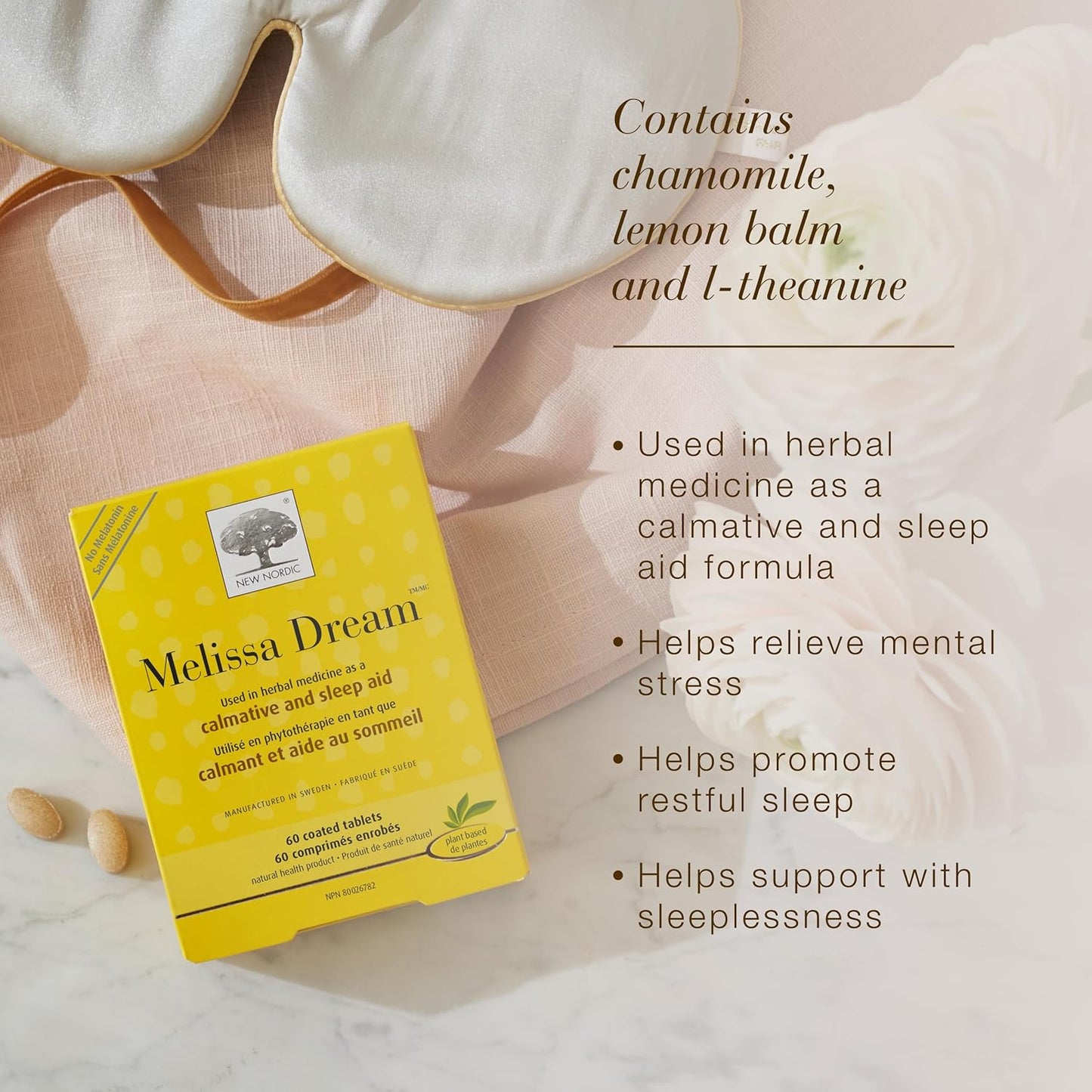 Melissa Dream - Herbal Sleep Support Supplement with Lemon Balm & Chamomile - Encourages Restful Sleep without Melatonin - Non-Gmo, Gluten-Free & Dairy-Free - 60 Vegan Tablets