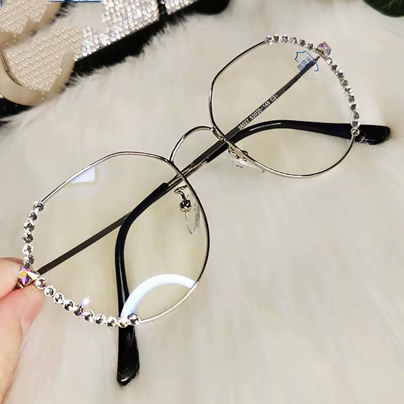 2024 Fashion Rhinestone Anti-Blue Light Glasses Women Men Retro Oversized Frame Female Computer Goggles Decorative Glasses