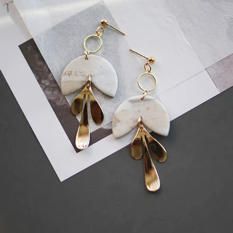 Translucent Milky Mable Elegant Trendy Brass Dangle Geometry Vintage Antique Polymer Clay Handmade Earring Sets Gifts Jewelry