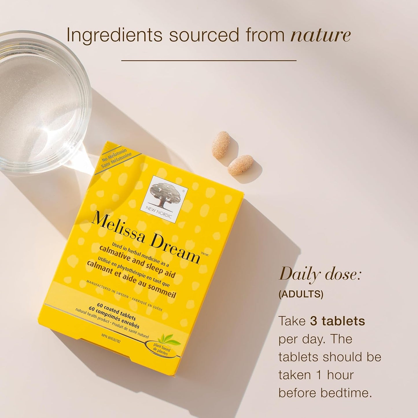 Melissa Dream - Herbal Sleep Support Supplement with Lemon Balm & Chamomile - Encourages Restful Sleep without Melatonin - Non-Gmo, Gluten-Free & Dairy-Free - 60 Vegan Tablets