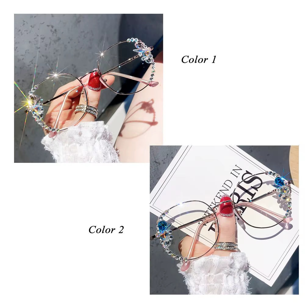 2024 Fashion Rhinestone Anti-Blue Light Glasses Women Men Retro Oversized Frame Female Computer Goggles Decorative Glasses