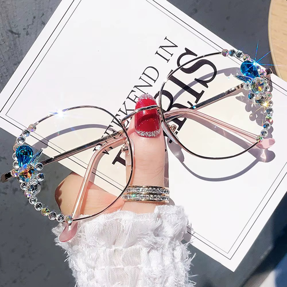 2024 Fashion Rhinestone Anti-Blue Light Glasses Women Men Retro Oversized Frame Female Computer Goggles Decorative Glasses