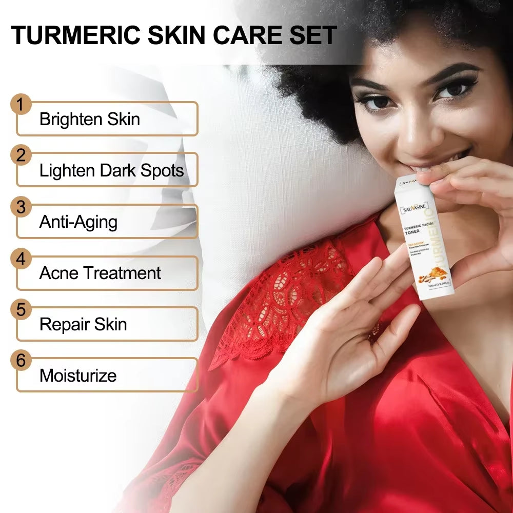 5PCS Turmeric Lemon Skin Care Set Acne Dark Spot Remover Whitening Brighten Facial Kit Face Cream Cleanser Serum Oil Winter Kit